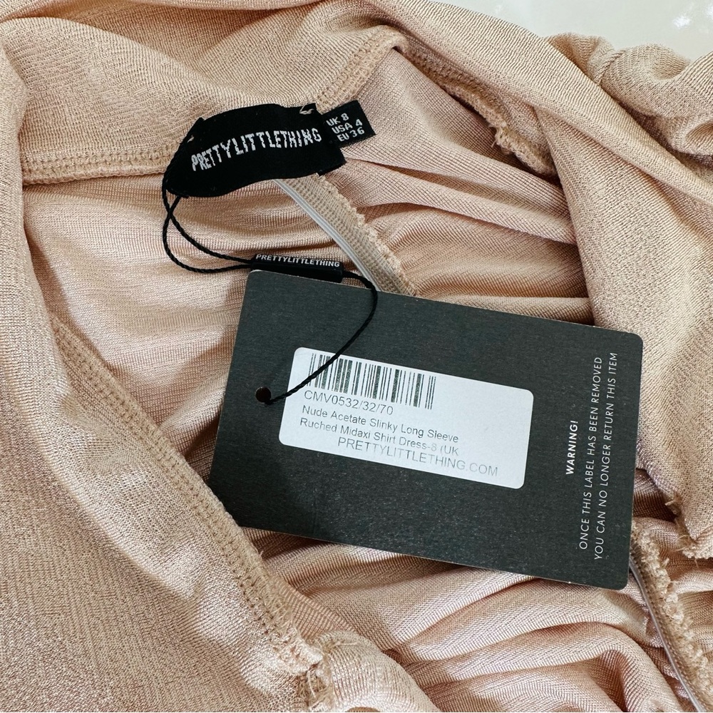PRETTYLITTLETHING nude acetate slinky longsleeve rushed midaxi shirt dress 4 - Picture 9 of 11